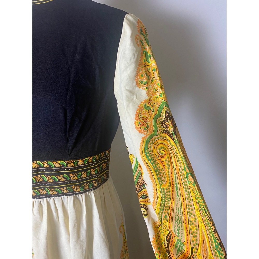 Vintage 1960s Paisley Maxi Dress Mock Neck Boho Mod Long Sleeve Black Gold Green - Picture 7 of 10